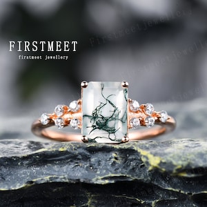 Vintage Emerald Cut Moss Agate Ring Rose Gold 14K/18K Art Deco Green Aquatic Agate Diamond Engagement Ring Wedding Ring Women Anniversary