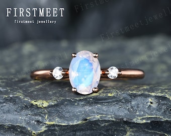 Oval Moonstone Solitaire Ring Moonstone Engagement Ring Three Stone Ring Bridal Ring Rose Gold Minimalist Ring