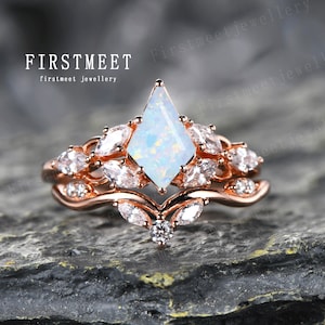 Dainty Kite Cut Opal Engagement Ring Set White Opal Gemstone Rose Gold Opal Promise Ring Unique Moissanite Bridal Set Promise Ring For Her