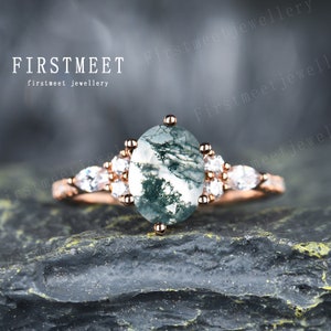 Unique Promise Ring Oval Cut Moss Agate Engagement Ring Sterling Silver Rose Gold Marquise Diamond Wedding Ring Vintage Anniversary Ring