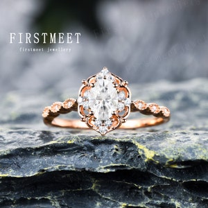 Vintage Rose Gold Moissanite Engagement Ring for Woman Dainty Moissanite Filigree Ring Art Deco Diamond Wedding Band Promise Anniversary