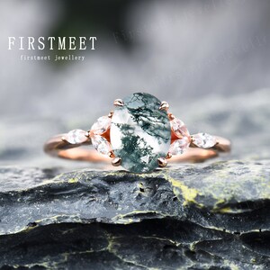 Oval Moss Agate Promise Ring for Her Unique Vintage Engagement Ring Moss Agate Ring Rose Gold Dainty Diamond Bridal Wedding Ring