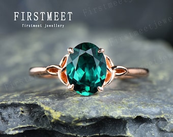 Oval Solitaire Emerald Engagement Ring Celtic Knot Ring Unique Emerald Wedding Ring Infinity Ring Norse Viking Ring Gold Emerald Ring