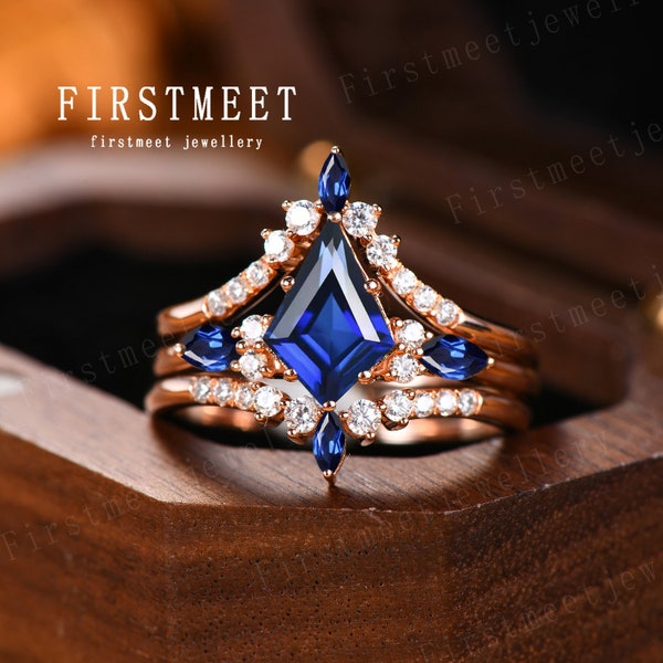 Vintage kite cut blue sapphire ring unique engagement ring set 14k rose gold marquise sapphire diamond ring women promise wedding bridal set