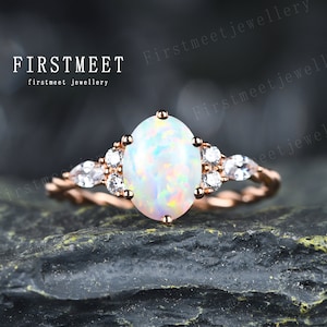 Anillo de boda de ópalo, banda de boda de giro único, marquesa, diamante redondo, anillo de compromiso de ópalo, anillo de solitario de corte ovalado, anillo de 6 puntas, regalo de joyería