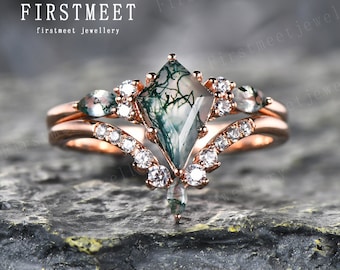 6x9mm kite cut green moss agate ring solid 14k rose gold marquise moss agate engagement ring set curve vintage diamond ring women bridal set