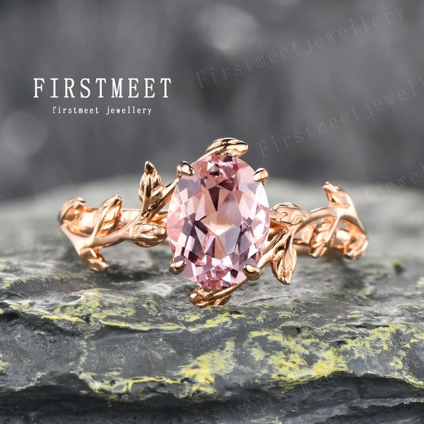 Morganite Engagement Ring Leaf Vine Ring Set Matching Band Pink Gemstone Oval Shape Morganite Ring Bridal Anniversary Ring Gift For Her