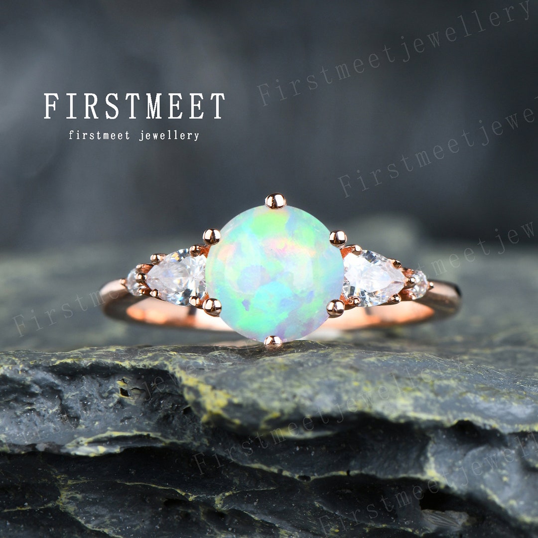 White Fire Opal Ring Opal Engagement Ring Art Deco 6 Prong Ring Pear Cut Moissanite Wedding Band Rose Gold Opal Wedding Ring Jewelry Etsy