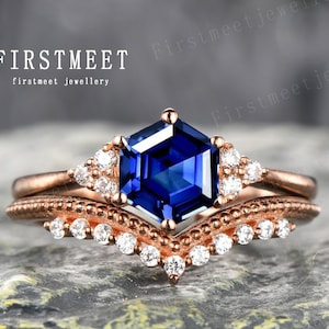 Vintage Blue Sapphire Engagement Ring Set Women Rose Gold Hexagon Sapphire Wedding Ring Art Deco Wedding Band Unique Bridal Set For Women