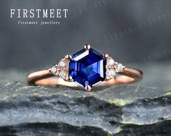 Sapphire Engagement Ring September Birthstone Ring White Gold Diamond Cluster Lab Sapphire Ring Natural Sapphire Wedding Band Bridal Ring