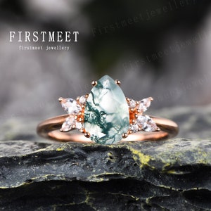 Pear Moss Agate Promise Ring Vintage Moss Agate Engagement Ring in 18K solid gold Flower Solitaire Ring