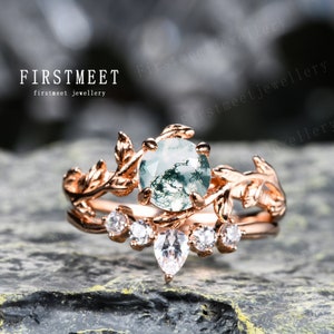 Moss Agate Engagement Rings for Woman Natural Leaf Inspired Ring Rose Gold Branch Stacking Rings Moss Agate Promise Ring Set Unique Twig set