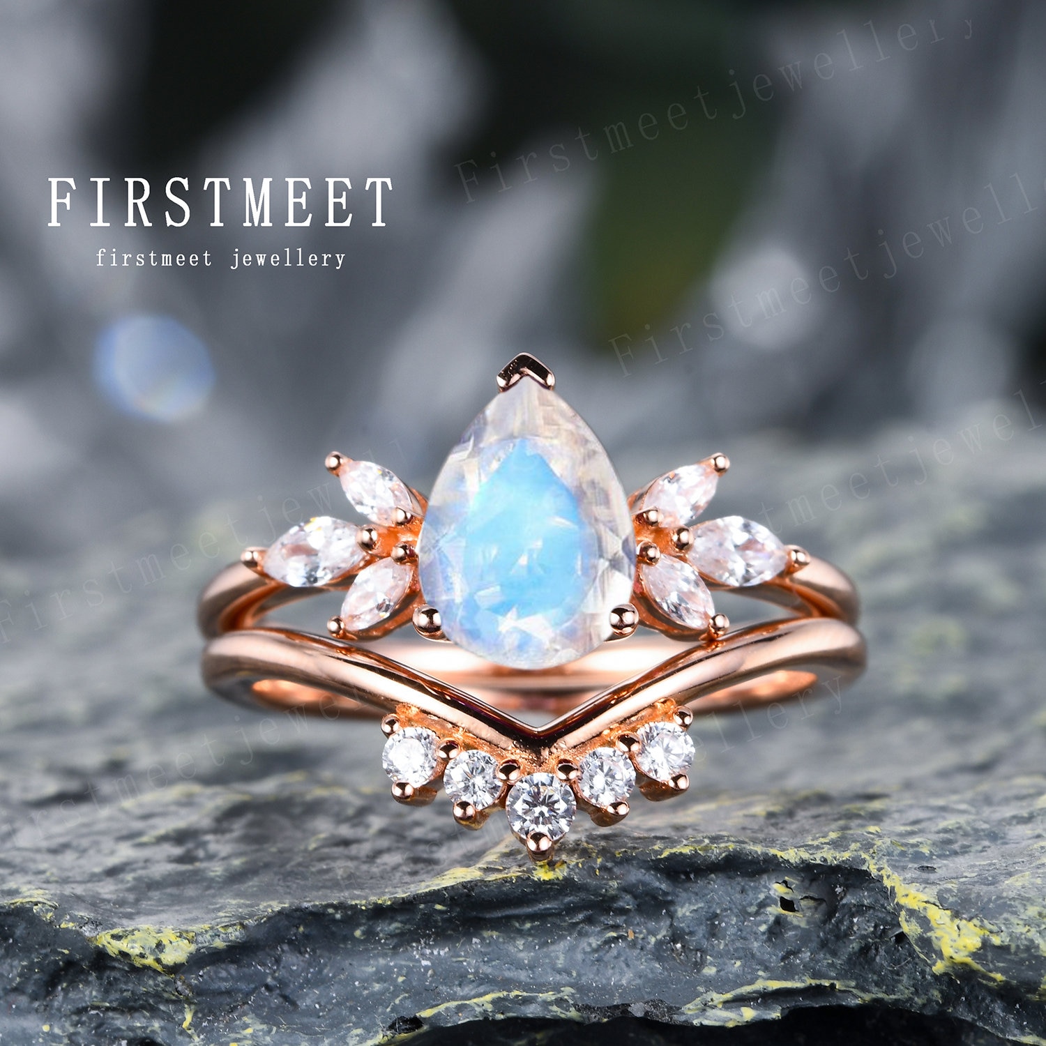 Moonstone Bridal Set Pear Cut Moonstone Engagement Rings for - Etsy