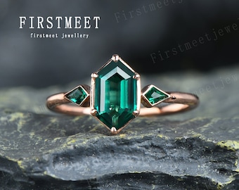 Hexagon Emerald Engagement Ring: Art Deco Kite Cut Wedding Band