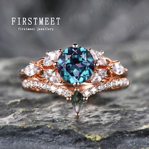 Art Deco Alexandrite ring vintage rose gold alexandrite engagement ring set seven stone kite cut moss agate diamond wedding band Gifts