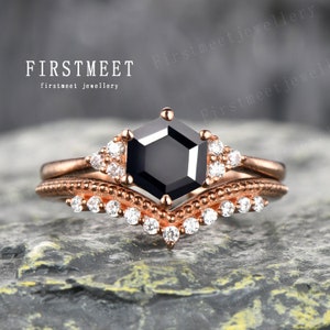 Hexagon Black Onyx Diamond Ring Set, Alternative Engagement Ring, Geometric Ring Set, Moissanite Ring, V shaped ring, Art deco ring, Gifts