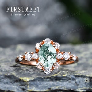 Moss Agate Diamond Ring Unique Oval Moss Agate Engagement Ring Promise Ring Bridal Ring 14K Rose Gold