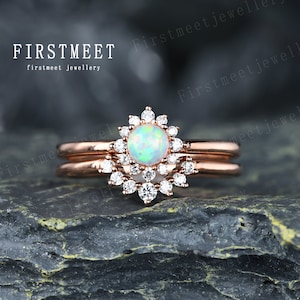 Opal Ring Set Opal Engagement Minimalist Ring Opal Bridal Wedding Ring Set in 18K Rose Gold Stack Curve Wedding Band