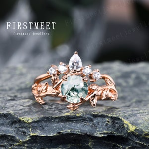 Green Moss Agate Ring Set Vintage Engagement Rings for Women Unique Branch Vine Leaf Bridal Wedding Ring Set Rose Gold Diamond Promise Rings