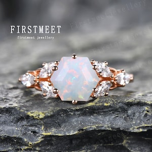 Hexagon Cut Opal Diamond Engagement Ring Dainty Rose Gold Wedding Ring White Fire Opal Ring Unique Promise Bridal Ring Anniversary Gift
