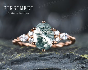 Unique Moss Agate Promise Ring, Vintage Twist Engagement Ring Rose Gold, Green Aquatic Aagate Bridal Wedding Ring, Anniversary Ring Women
