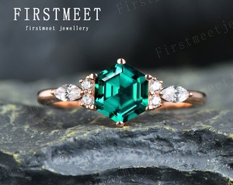 Unique Hexagon Cut Emerald Engagement Ring, Rose Gold Emerald Ring, Antique Emerald Promise Ring, Art Deco Moissanite Ring, May Birthstone