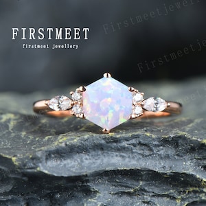 Hexagon cut opal ring vintage opal engagement ring opal diamond wedding ring 18K rose gold bridal promise ring anniversary jewelry