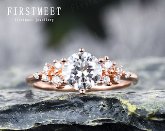 1CT Moissanite Engagement Ring/14K Solid Rose Gold Ring/Vintage Moissanite Ring/Unique Diamond Cluster Ring/Anniversary Ring/Promise Ring