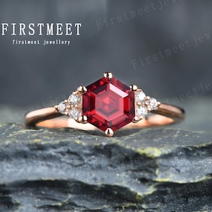 Hexagon Shaped Ruby Ring Round Cut Gemstone Engagement Ring Art Deco Diamond Bridal Wedding Ring Yellow Gold July Birthstone Gift For Her