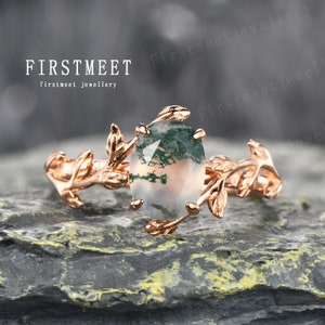 Moss agate engagement ring oval cut ring green colour stone diamond ring vintage leaf rose gold unique ring anniversary twig ring