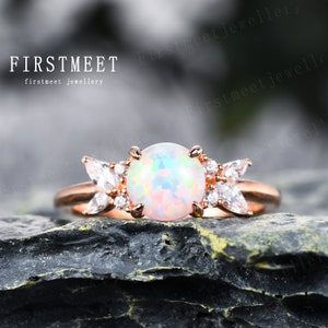 Opal Engagement Ring Vintage Flower Rose Gold Opal Ring Sterling Silver Danity Bridal Wedding Anniversary Gift Unique Platinum Promise Ring