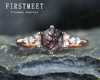 Hexagon cut black rutilated quartz ring vintage unique engagement ring rose gold marquise cluster black diamond dainty wedding ring women
