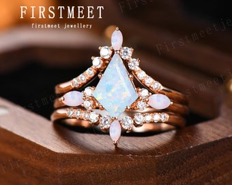 Vintage kite cut white opal engagement ring set 14k rose gold marquise cut opal diamond ring women moissanite anniversary ring set gift