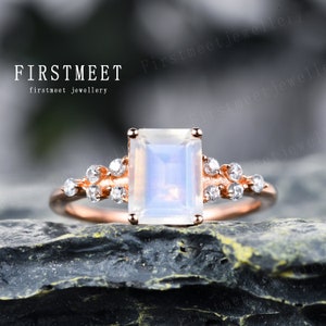 Emerald cut moonstone engagement ring rose gold diamond wedding band moonstone promise ring moissanite ring vintage bridal ring