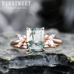 Unique Emerald Cut Moss Agate Engagement Ring Aquatic Green Moss Agate Promise Ring Rose Gold Flower Ring Bridal Wedding Anniversary Ring