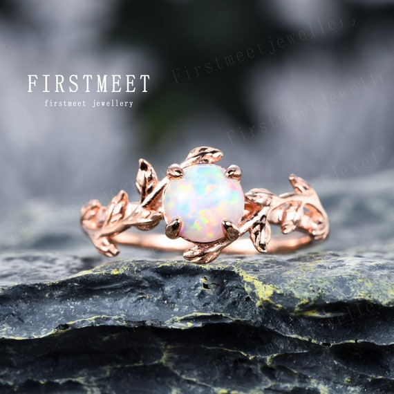 Vintage Opal Engagement Ring Vine Leaf Ring Opal Solitaire Ring