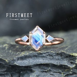 Unique moonstone engagement ring long hexagon vintage rose gold bridal wedding ring kite cut art deco bridal anniversary ring gift for women