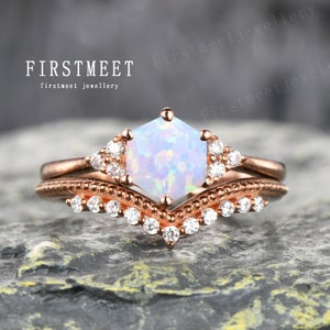 Vintage Opal Engagement Ring Set Hexagon Cut Opal Ring Rose Gold Art Deco Diamond Ring Unique Curved Wedding Band Anniversary Ring For Her