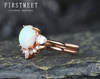 Opal Engagement Ring Set Oval Opal Rings White Opal Wedding Ring