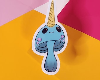 Teal Narwhal Mushroom Sticker | Waterproof Die Cut