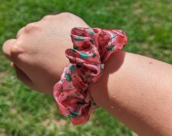 Pink Frog Mushroom Satin Scrunchie | Cottagecore Hair Tie