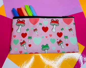 Frog Mushroom Pencil Pouch | Cottagecore Heart Bag