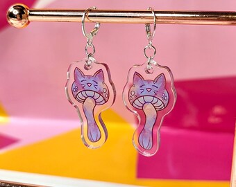 Mushroom Cat Earrings | Acrylic Charm, Hypoallergenic Clasp