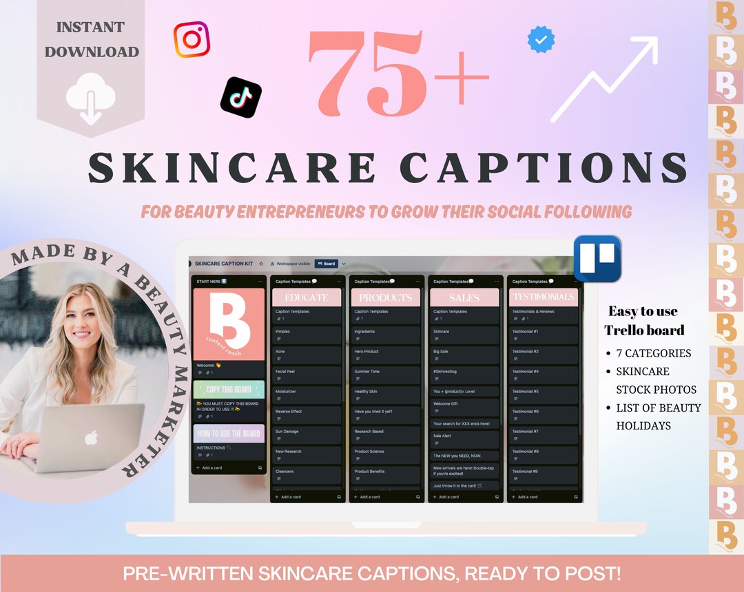 75 Skincare Plug & Play Captions Trello Boardengagement Booster Ideasskincare Ideassocial Media