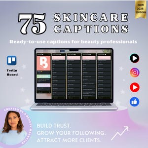 Puede incluir: Un ordenador portátil que muestra un tablero Trello con el título "Skincare Captions" y el texto "75 Leyendas listas para usar para profesionales de la belleza". El portátil está sobre una superficie rosa y morada con un gráfico de una flecha hacia arriba. El texto "BUILD TRUST. GROW YOUR FOLLOWING. ATTRACT MORE CLIENTS." está debajo del portátil.