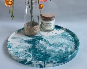 Handmade unique teal marble effect tray  | diameter 26.5cm | circular decorative plate | Mother’s Day gift | gift ideas | home décor