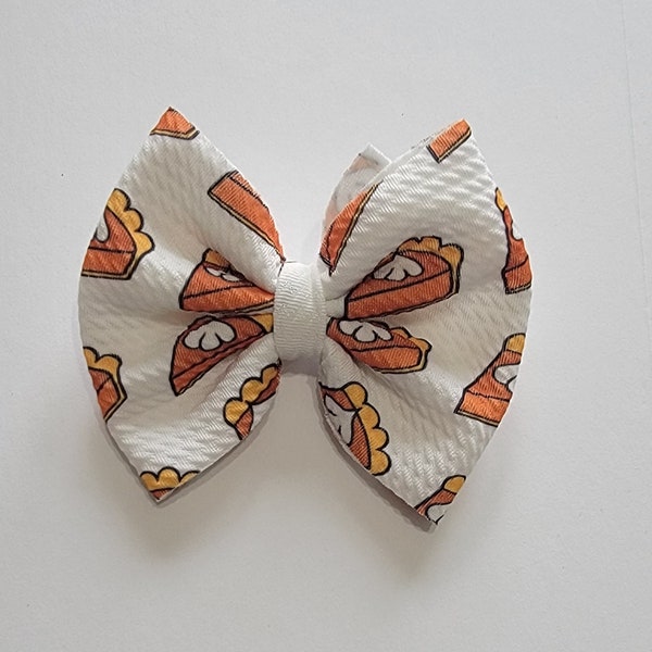 pumpkin pie fall print fabric bow, clip or nylon headband made with liverpool bullet fabric