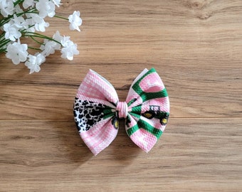 Pink green cow tractor farm bow clip or nylon headband liverpool bullet fabric bow