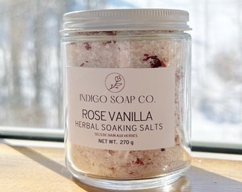 Natural Rose Vanilla Herbal Soaking Salts, Bath and Foot Soak, Epsom Salt, Himalayan Pink Salt, Aromatherapy, Eco Friendly, Bath Salt Jar