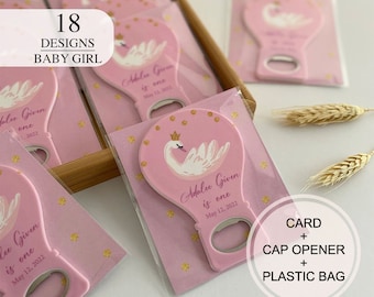 Customized Baby Shower Gift Magnet, Cap Opener, Birthday or Baptism Event, Swan Themes, Baby Girl, Baby Shower